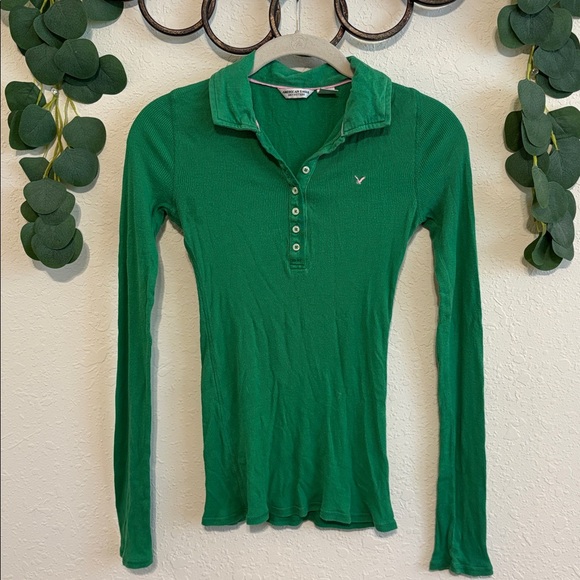 Vintage Y2K American Eagle Kelly Green and Pink Collared Top💕 - Picture 1 of 7